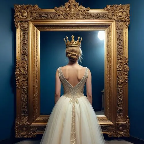 wearing a gold crown,a beautiful young lady dressed in a very elegant wedding dress with a crown, is looking in a mirror,bridal dress,bridal gown,the mirror,hrh,wedding dress,bridal