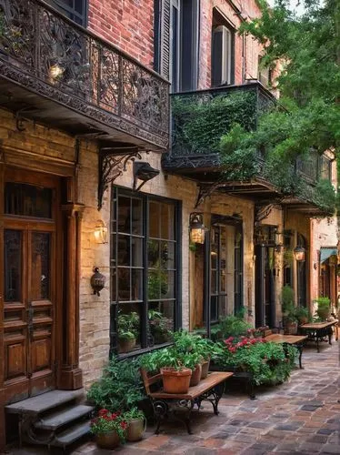 Adkins Architectural Antiques store, Houston, Texas, USA, exterior, morning, soft sunlight, warm tones, historic building, ornate facades, wooden doors, antique hardware, vintage windows, distressed b