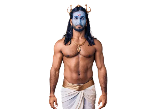 Mahadev, Indian god, Shiva, blue skin, long hair, beard, third eye on forehead, crown, ornaments, dhoti, sacred thread, snake around neck, trident in hand, standing, powerful pose, muscular body, divi