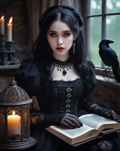 gothic portrait,gothic woman,gothic style,bewitching,gothic dress,victorian lady,gothic,raven girl,darkling,crow queen,dark gothic mood,dark angel,raven,raven bird,victorian style,victoriana,black raven,goth woman,black queen,black crow,Illustration,Realistic Fantasy,Realistic Fantasy 07