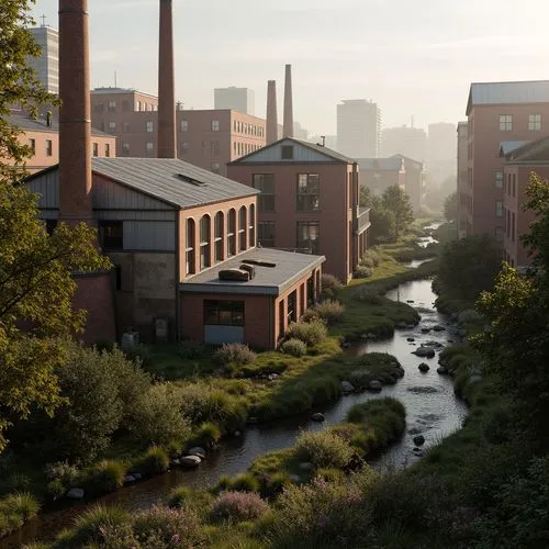 Industrial factory complex, rustic brick buildings, corrugated metal roofs, worn concrete walls, vintage machinery, abandoned chimneys, overgrown vegetation, wildflowers, meandering streams, misty atm