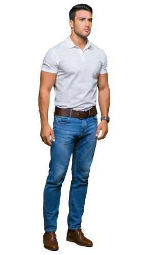 Muscular man, solo, (30yo), serious expression, short black hair, brown eyes, strong jawline, white shirt, blue jeans, leather belt, standing, confident pose, realistic, soft natural light, cinematic 