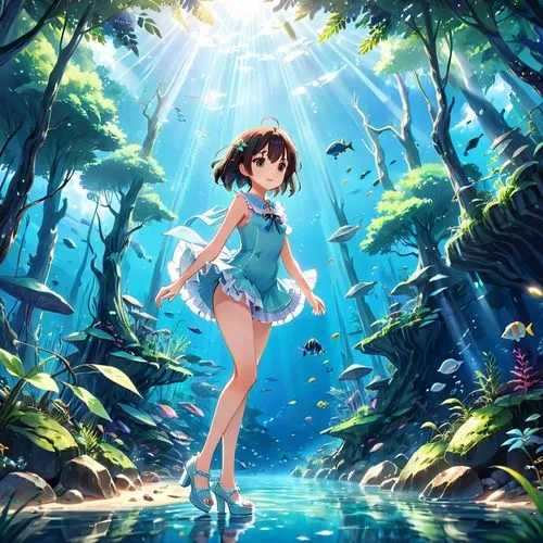 underwater background,kumiko,euphonious,tianyi,water nymph,nouaimi,summer background,forest background,fairy world,touhou,fairy forest,ushio,kawaii people swimming,blue hawaii,mermaid background,shizuku,oceanica,underwater oasis,clear stream,miku maekawa,Anime,Anime,Realistic