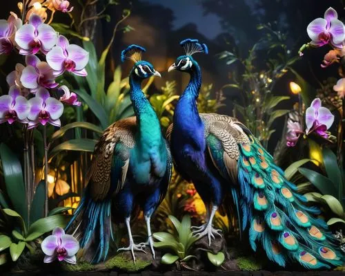 two beautiful peacocks strut in a garden full of orchids,tropical birds,bird couple,flowerpeckers,derivable,couple macaw,toucans,parrot couple,blue macaws,birds of paradise,macaws blue gold,quetzalcoa