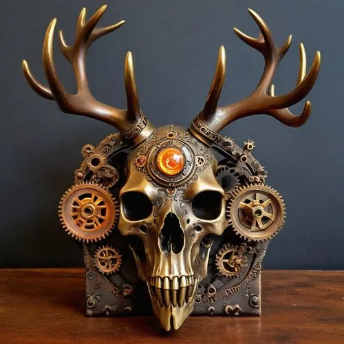 skull sculpture,boho skull,skull with crown,skull mask,skull statue,scrap sculpture,steampunk gears,buck antlers,jagermeister,deer head,skull allover,sugar skull,animal skull,wendigo,antler velvet,floral skull,skull bones,cernunnos,reindeer head,halloween decor,Illustration,Realistic Fantasy,Realistic Fantasy 13