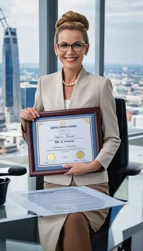 Modern office interior, certificate decoration, wooden frame, glass table, ergonomic chair, mature lady, business attire, neat bun, reading glasses, holding certificate, proud smile, softbox lighting,