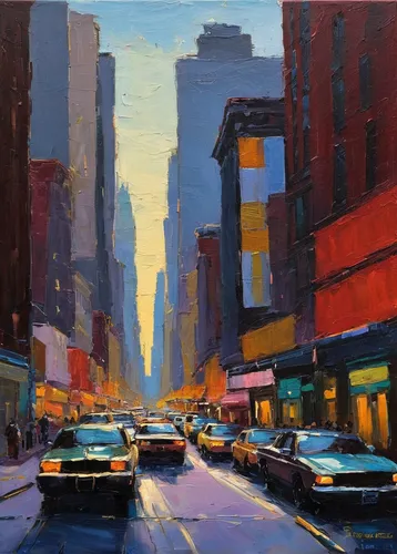 cityscape,new york streets,ny,nyc,city scape,urban,street canyon,colorful city,harlem,nada3,midtown,newyork,broadway,street scene,oil painting,city corner,painting technique,1 wtc,1wtc,evening city,Illustration,American Style,American Style 01