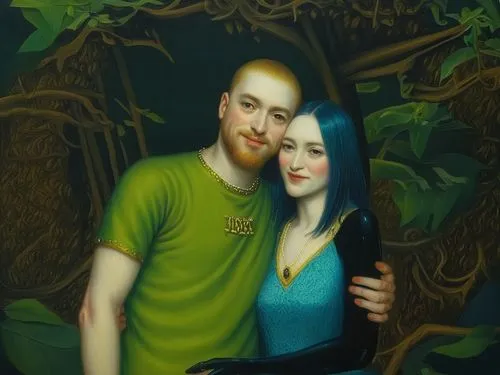 young couple,romantic portrait,gothic portrait,custom portrait,portrait background,fantasy portrait,adam and eve,man and wife,parrot couple,beautiful couple,couple in love,forest background,aa,couple,oil painting,green background,photo painting,oil on canvas,lokportrait,artist portrait,Illustration,Realistic Fantasy,Realistic Fantasy 08