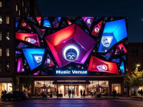 Fragmented music venue facade, irregular shapes, bold color contrasts, dynamic LED light installations, abstract geometric patterns, distorted reflections, unconventional materials, industrial texture