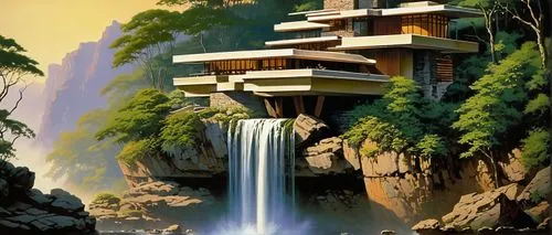 Falling Water House, modern architecture, luxury villa, surrounded by lush greenery, natural waterfall cascading down rugged rocks, misty atmosphere, wooden bridge connecting two sides, glass walls an