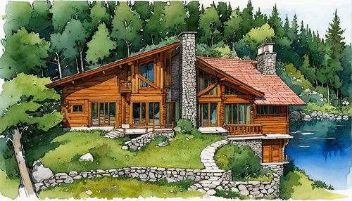 summer cottage,cottage,house with lake,small cabin,log cabin,log home,Illustration,Realistic Fantasy,Realistic Fantasy 04