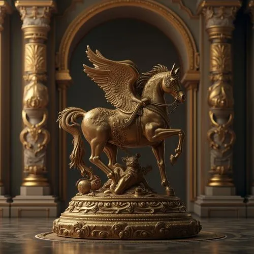 Elegant bronze statues, ornate decorations, classical Greek and Roman influences, subtle warm tones, luxurious textures, intricate details, ornamental patterns, mythical creatures, heroic figures, sym