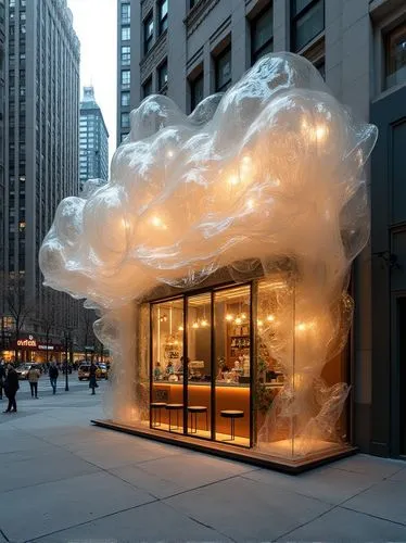 Distant view, a coffee shop made of transparent fluttering materials, translucent, in the street of New York,a covered stand on the sidewalk next to tall buildings,cloud of smoke,smoke art,paper cloud