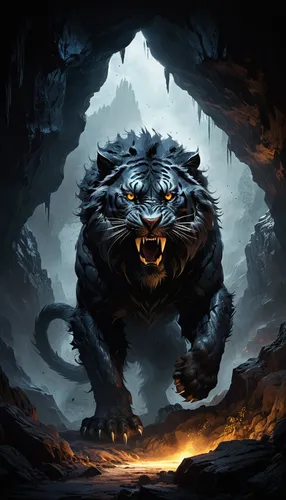 Black, fluffy, huge fantastic beast from another planet, on four legs, similar to a saber-toothed black tiger, black eyes, background of a dark cave, the silhouette of the beast merges with the darkne