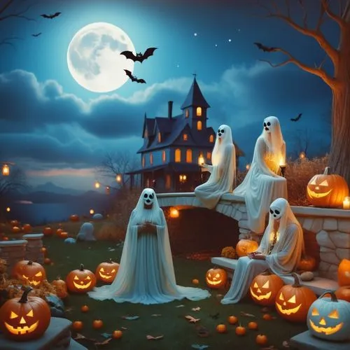 Halloween party sing song,a spooky view of pumpkins, ghost, and an overcast house,halloween background,halloween scene,halloween illustration,halloween wallpaper,halloween poster,halloween ghosts,halo