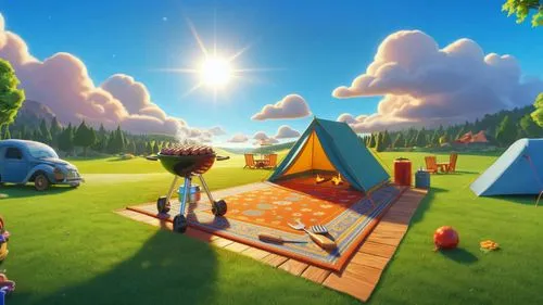 tearaway,cartoon video game background,thatgamecompany,camping,lowpoly,autumn camper,camping tipi,encampment,children's background,dream world,3d render,campsites,picnic,3d background,tourist camp,acpc,low poly,campers,3d fantasy,little world