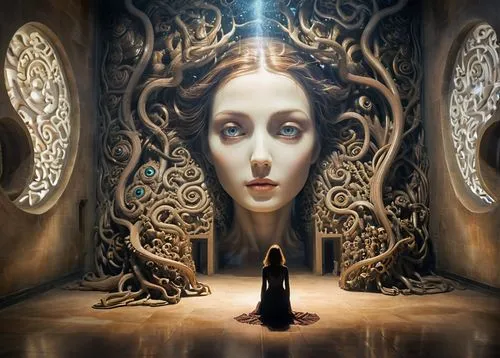 mirror of souls,priestess,mystical portrait of a girl,the enchantress,biomechanical,dryad,gorgon,fantasy art,mysticism,gothic portrait,hall of the fallen,sorceress,meridians,sci fiction illustration,divination,esoteric,the threshold of the house,labyrinth,queen cage,sacred art,Photography,Artistic Photography,Artistic Photography 04