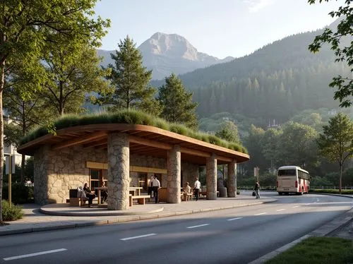 Rustic bus station, natural stone walls, wooden accents, green roofs, curved lines, earthy tones, regionalistic architecture, scenic views, rolling hills, lush forests, winding roads, misty mornings, 