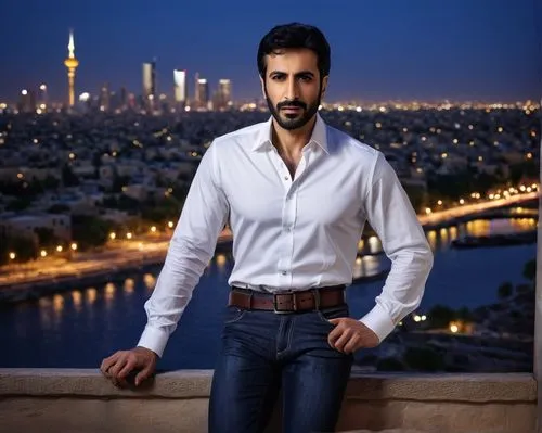 Reza Sedighi, handsome Iranian actor, 40s, short black hair, trimmed beard, brown eyes, fitted white shirt, dark blue slim-fit jeans, leather belt, black dress shoes, standing, confidence pose, urban 