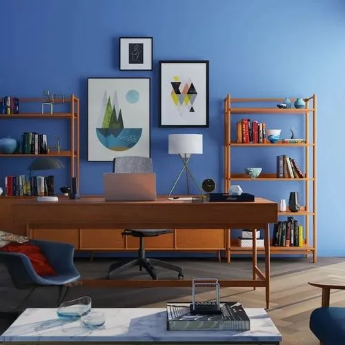 mid century modern,modern decor,vitra,blue room,contemporary decor,blur office background,bookshelf,bookcase,interior decor,blue painting,danish furniture,wooden shelf,mid century,bookshelves,modern r