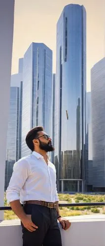 Architectural designer, male, 30s, stylish hair, black framed glasses, well-groomed beard, white shirt, black trousers, leather belt, holding blueprints, standing, Panchkula cityscape, modern building