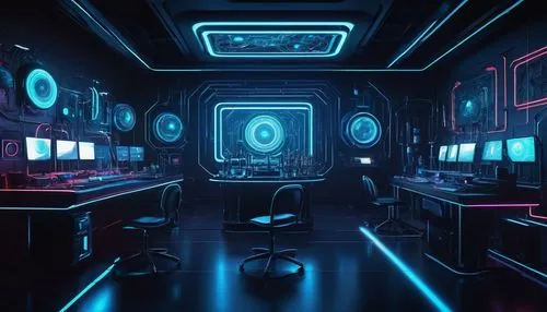 "AI-generated art, futuristic laboratory, sleek machines, holographic screens, robotic arms, intricate wires, neon lights, dark background, misty atmosphere, 3/4 composition, low-angle shot, cinematic