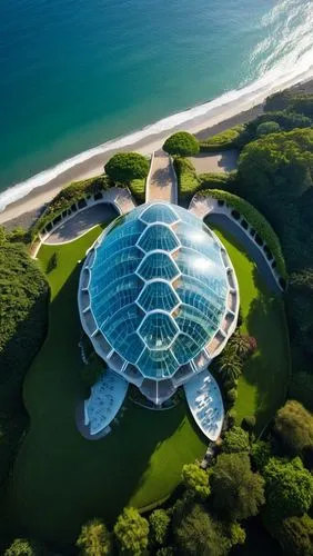 an aerial view of an architectural masterpiece nestled by the sea shore, surrounded by a beautifully landscaped area with lush vegetation. The building itself is a stunning fusion of modern and organi