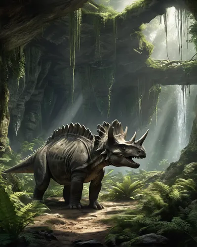 prehistoric herbivore island, cave entrance, lush vegetation, gentle dinosaurs, stegosaurus posture, triceratops grazing, ferns, moss-covered rocks, crystal clear water, sunlight filtering through lea