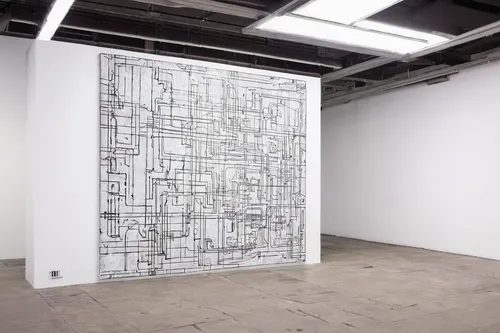 In the underbelly of the city, a low-key gang plots their next move.,frame drawing,klaus rinke's time field,tear-off calendar,room divider,installation,dry erase,steel door,whitespace,kinetic art,whit