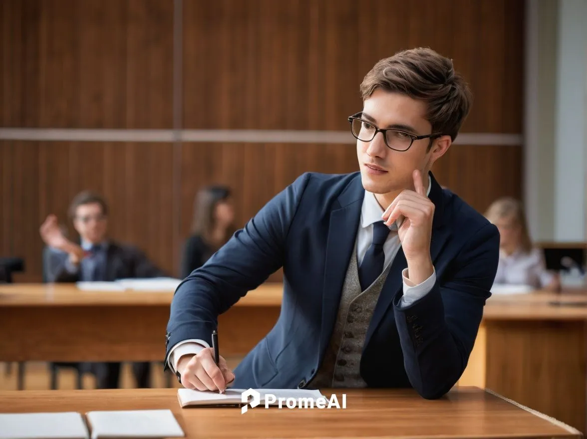 ASL (American Sign Language) interpreter, male/female, standing/sitting, formal attire, suit/tie, glasses, short hair, calm facial expression, signing with hands, fingers moving swiftly, wooden desk/t