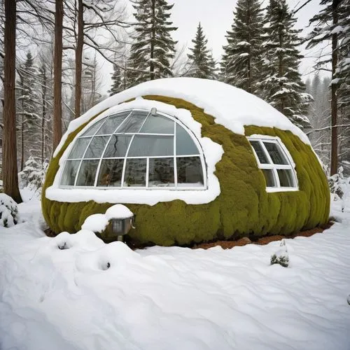 Create an igloo bungalow that utilizes sustainable materials, such as recycled snow and ice, with a green roof covered in moss and native plants. Include solar panels on the roof and large windows tha