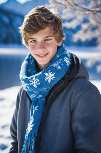 Icy blue-toned winter, cute teenage boy, 14yo, messy short hair, bright blue eyes, small nose, smiling face, warm coat, snowflake-patterned scarf, white gloves, black boots, standing, mountain peak, s