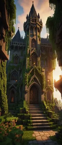 Minecraft-inspired building, blocky texture, medieval fantasy style, grand castle, tall spires, intricate stone carvings, stained glass windows, ornate wooden doors, moss-covered walls, overgrown with