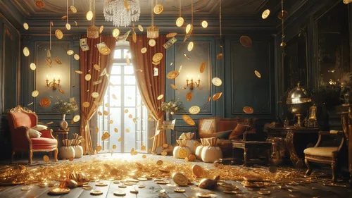 ornate room,dandelion hall,chandelier,the crown,luxury decay,crown render,gold castle,visual effect lighting,golden rain,ballroom,golden crown,the throne,alice in wonderland,danish room,autumn decoration,the little girl's room,interior decoration,blue room,3d fantasy,gold wall