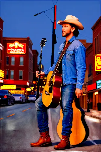 Nashville scenery, country music city, sunset, guitar-shaped buildings, Broadway street, neon lights, cowboy hat, boots, denim jeans, acoustic guitar, microphone, stage lights, warm color tone, cinema