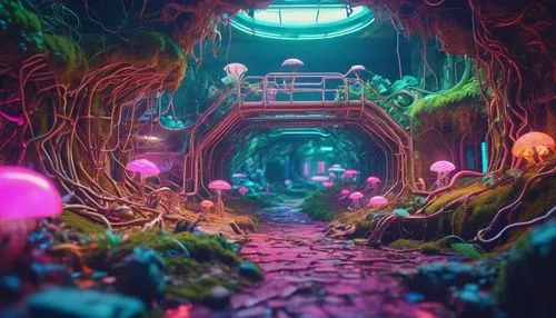 3d fantasy,fairy village,fairy world,fairy forest,imaginationland,3d render,wonderland,majora,odditorium,mushroom landscape,fantasy world,enchanted forest,alien world,arbor,3d background,haunted forest,dungeon,pathway,adventure bridge,cartoon forest,Conceptual Art,Sci-Fi,Sci-Fi 28