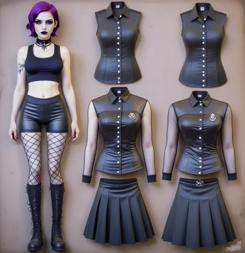 Paper doll 2d cartoon goth purple haired girl in black sleeveless shirt , black spandex shorts, complete full length fishnet and black goth knee Boots, standing surrounded by with a set of goth fashio