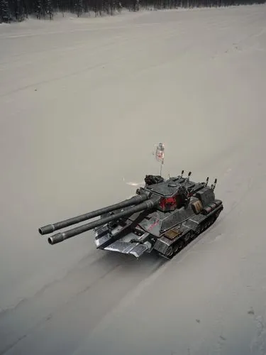 Superheavy tank (4 meters height) moving through snowed Siberian roads, dusk, above view,lego trailer,millennium falcon,millenium falcon,snowmobile,hoth,christmas sled,snowmobiler,snow plow,vaderland,