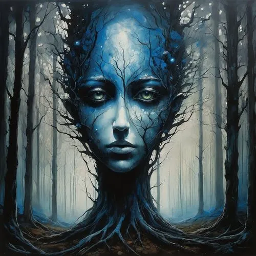 unseelie,blue enchantress,dryad,absentia,girl with tree,forest dark,siggeir,ents,blue painting,haunted forest,rooted,blueblood,dryads,ghost forest,the forest,dark art,otherworld,seelie,dieckmann,carcosa,Illustration,Abstract Fantasy,Abstract Fantasy 18