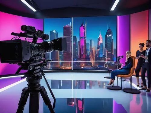 Modern TV studio set, sleek architectural lines, metallic framework, glass walls, minimalist decor, spotlights, cameras, boom microphones, production crew, hosts, fashionable outfits, high heels, styl