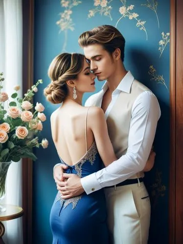 Create an elegant couple in love that will show off your best work.,a man and woman in formal wear leaning against wall,karmin,maxon,wedding photo,beautiful couple,karasev,wedding couple