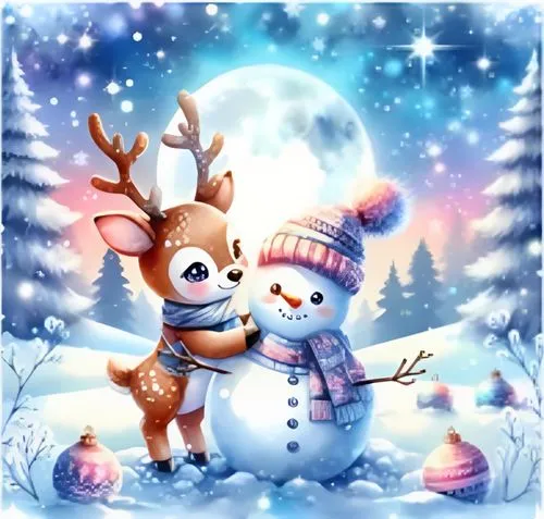 christmas snowy background,winter background,winter animals,cute cartoon image,snowflake background,winter deer