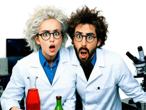 Wild-haired scientist, lab coat, goggles, crazy eyes, pale skin, messy beard, test tubes, beakers, flasks, microscope, lab table, cluttered background, dramatic lighting, intense facial expression, dy