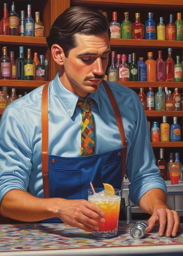 Write a humorous poem about a clumsy bartender shaking a cocktail shaker.,harvey wallbanger,bartender,old fashioned,meticulous painting,maraschino,barman,cocktails,soda fountain,italian painter,painti