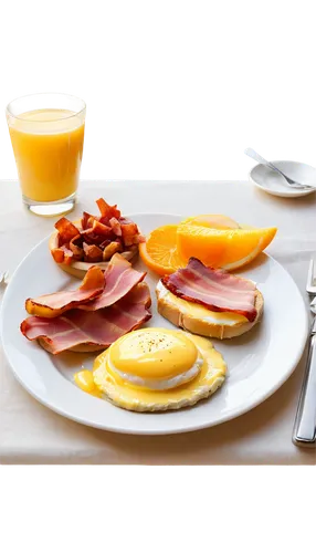 Western-style breakfast, morning sunlight, eggs benedict, crispy bacon, toasted bread, fresh orange juice, porcelain plate, silverware, linen tablecloth, shallow depth of field, warm color tone, 3/4 c