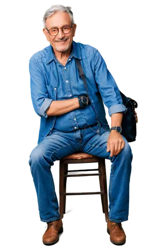 Retired photographer, old man, grey hair, glasses, wrinkled face, warm smile, black camera strap, vintage camera, worn jeans, brown leather shoes, sitting on stool, hands clasped together, nostalgic e