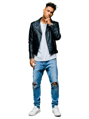 male rapper, confident pose, gold chain, diamond stud earrings, bold hairstyle, tattoos on arms, black leather jacket, white t-shirt, ripped denim jeans, silver sneakers, microphone in hand, standing 