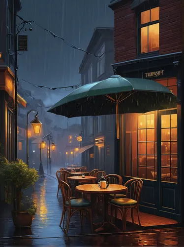 rainy day,evening atmosphere,rainy,street cafe,rain bar,watercolor cafe,romantic night,umbrellas,rainy season,paris cafe,rainstorm,world digital painting,the coffee shop,coffee shop,night scene,heavy rain,bistrot,romantic scene,in the rain,rainy weather,Illustration,American Style,American Style 12