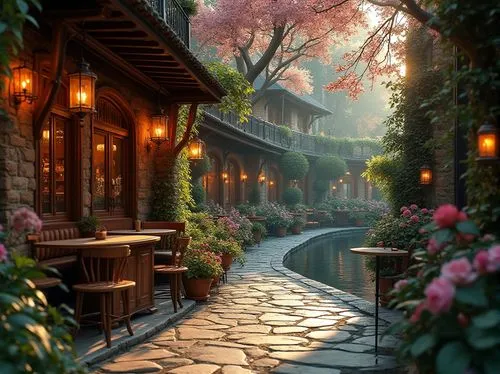 teahouse,walkway,fantasy landscape,evening atmosphere,pathway,auberge,outdoor dining,home landscape,wooden path,paris cafe,terrasse,seclude,roof landscape,cottage garden,alleyway,tearoom,summer evening,fantasy picture,summer cottage,hideaway,Photography,General,Realistic