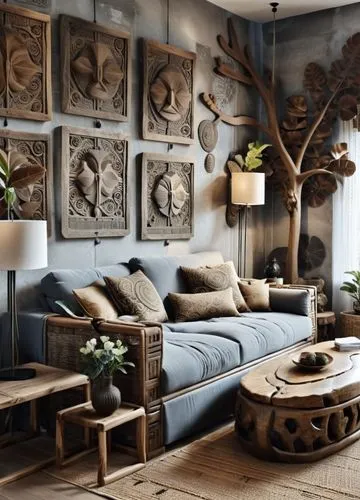 The dimensions and placement of the furniture in the room will remain constant. Large relief sculptures on the wall add a strong ethnic atmosphere to the space. These figures in dark wood or stone app